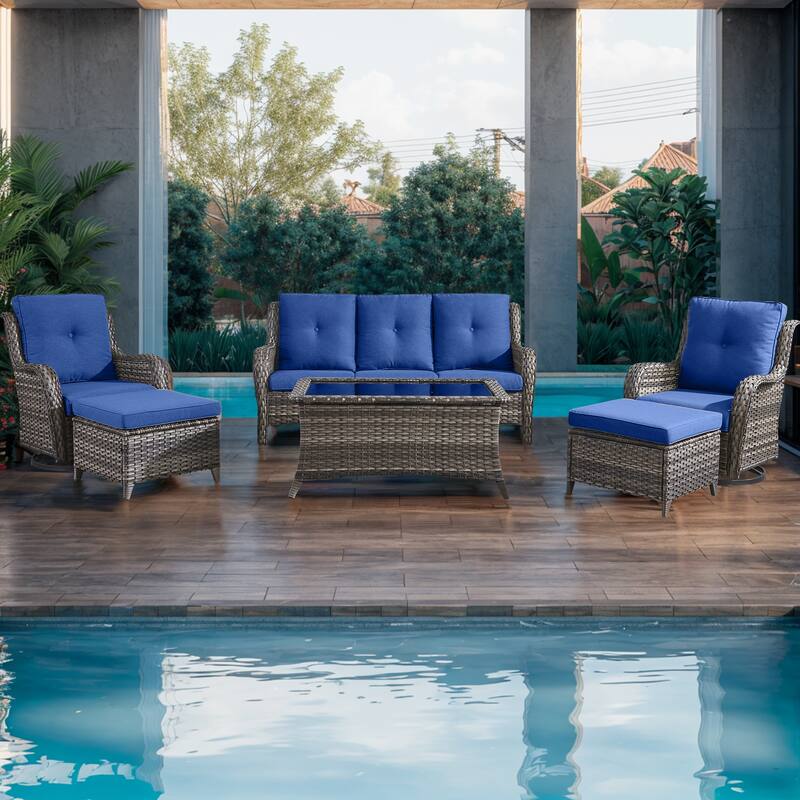 6 Piece Set with Sofa Swivel Chair Ottoman - Grey - Blue