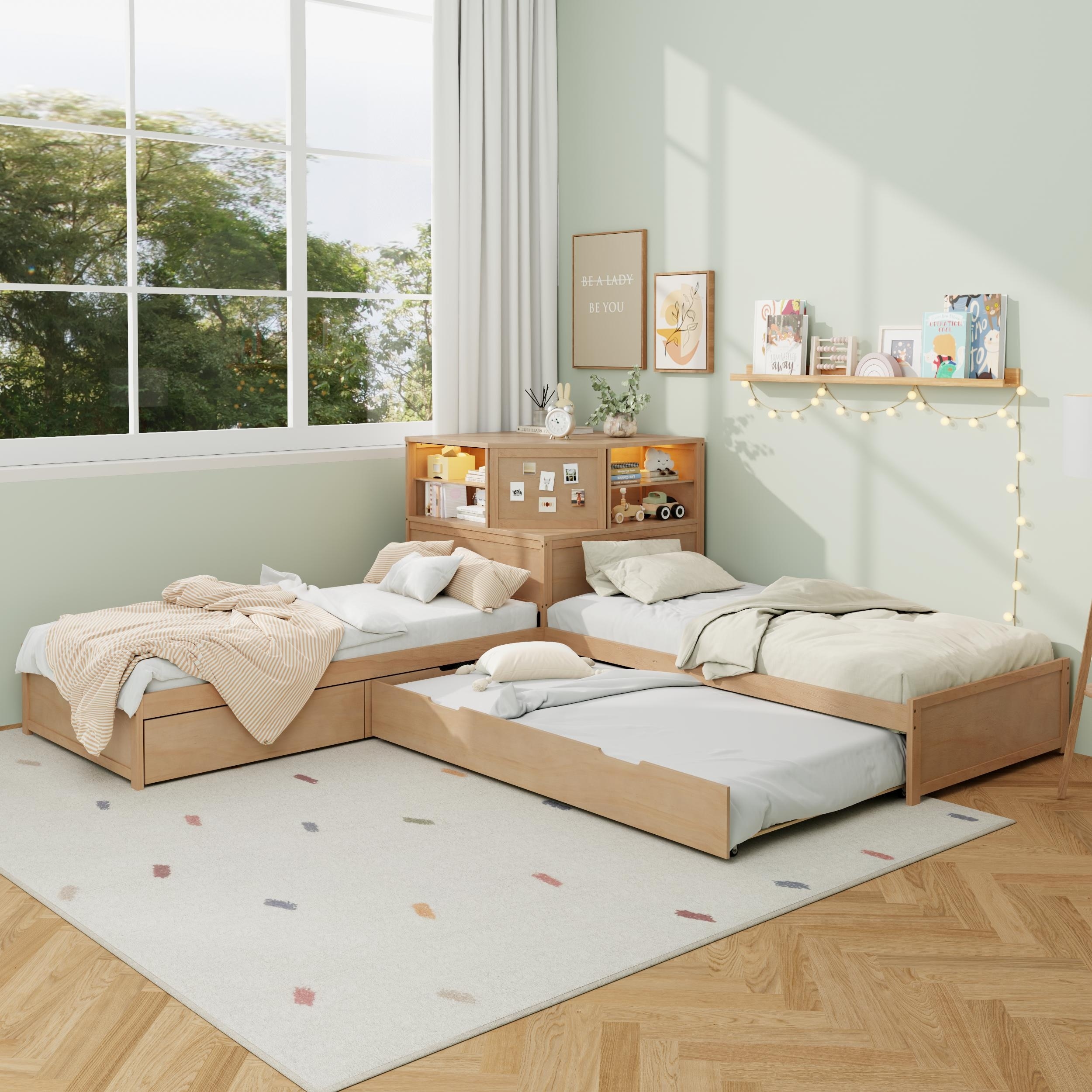 Modern L-Shaped Wood Twin Bed Frame with Trundle, Storage Drawer, Built-In Desk and LED Downlight by GDFStudio