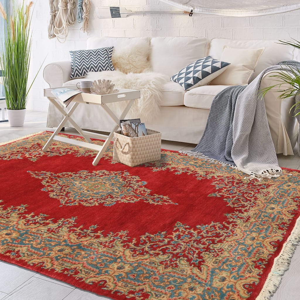 4x7'3'' Hand Knotted Wool Coral Traditional Kerman Medallion Rug - 4' x 7' 3''