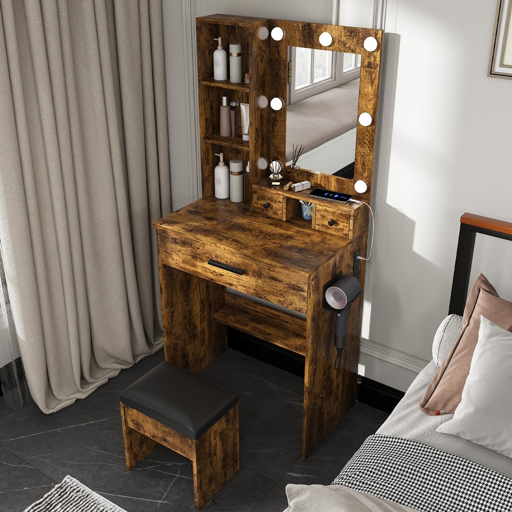 Vanity Desk with Mirror & LED Lights, Makeup Table with Power Outlet, Hairdryer Holder & Stool, Compact Dressing Table Set