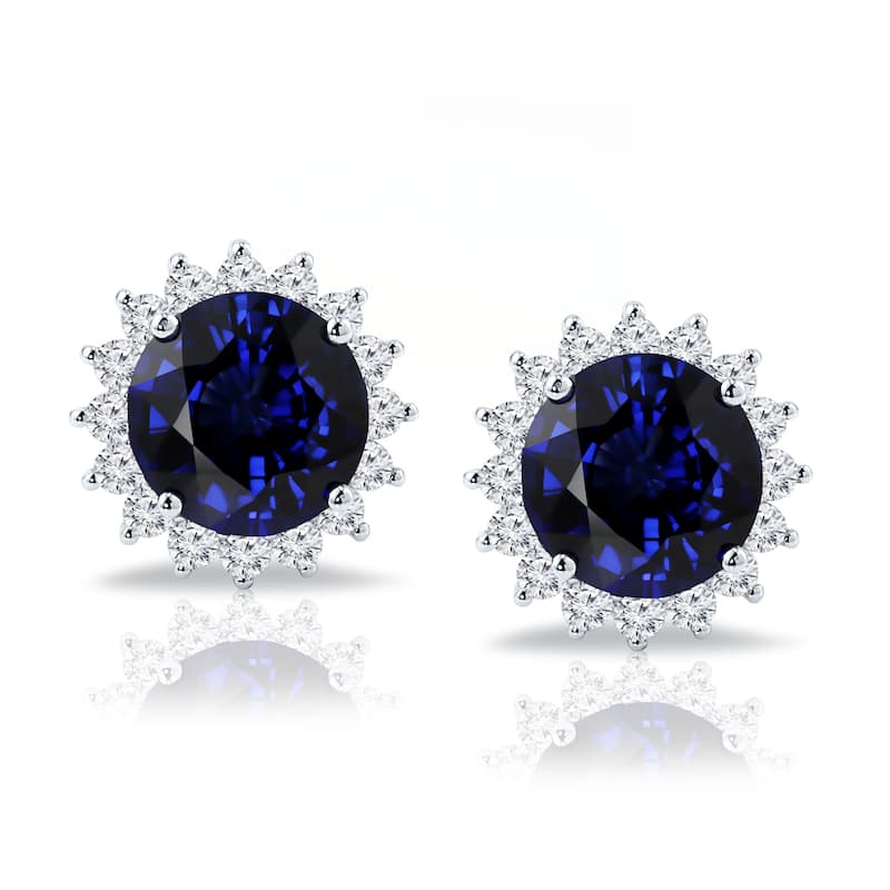 Auriya Unique 8 3/4ct Royal Blue Sapphire and 1 1/4ctw Halo Diamond Stud Earrings 18K Gold