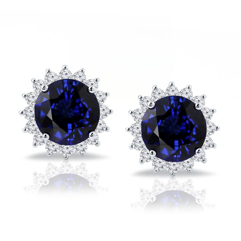 Auriya Unique 8 5/8ct Royal Blue Sapphire and 1 1/4ctw Halo Diamond Stud Earrings 18K Gold