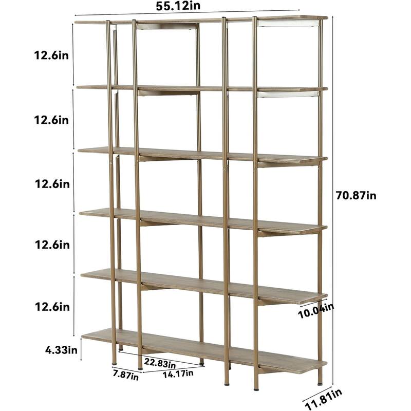 6-Tier Bookshelf, 55.1" W x 70.9" H Bookcase with Metal Frame