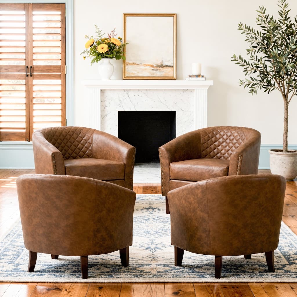 Modern Nailheads Trim Leather Barrel Accent Chairs with Wood Legs