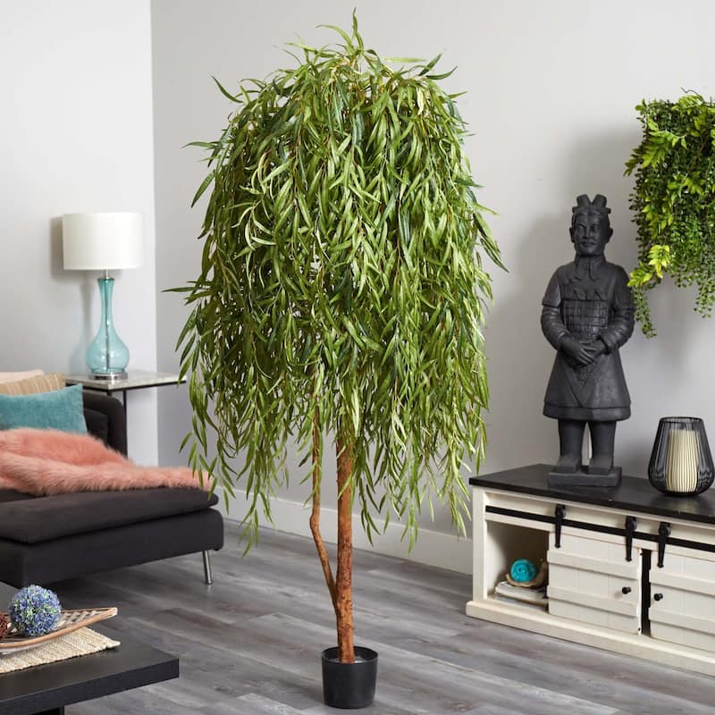 7ft Artificial Willow Tree - Indoor Decorative Tree, Realistic Green Leaves, Bohemian Home Decor, Tall Indoor Plant