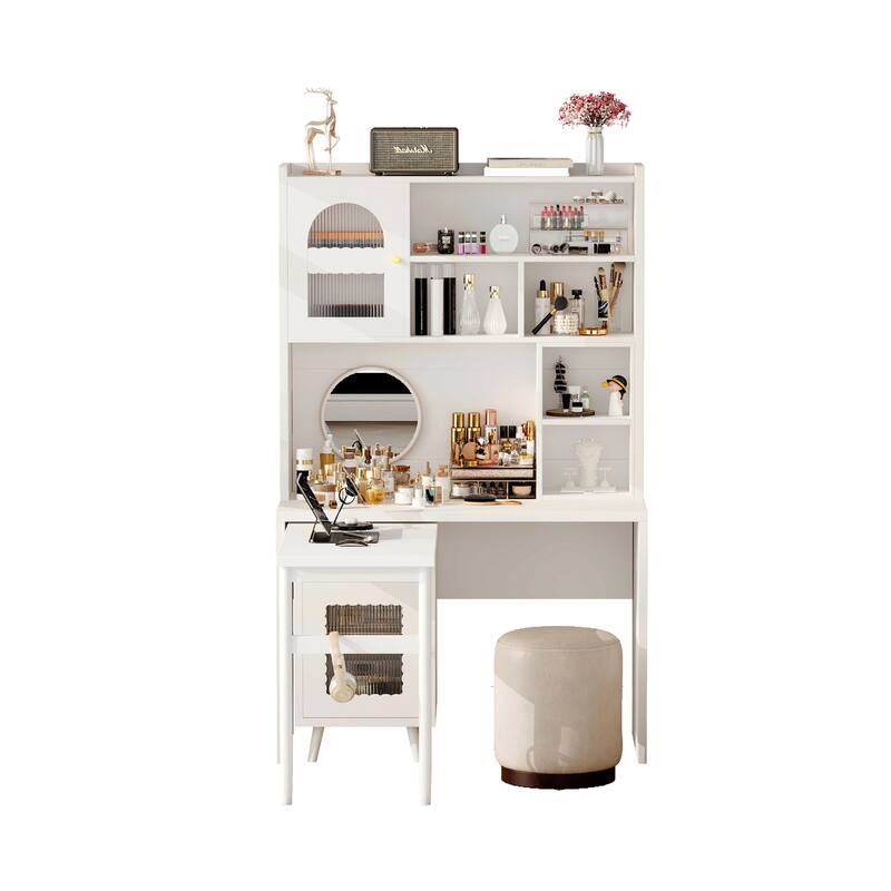 Computer Desk with 90 Rotating Side Table, Storage Drawer, Cabinets and Open Shelves for Home Office Study