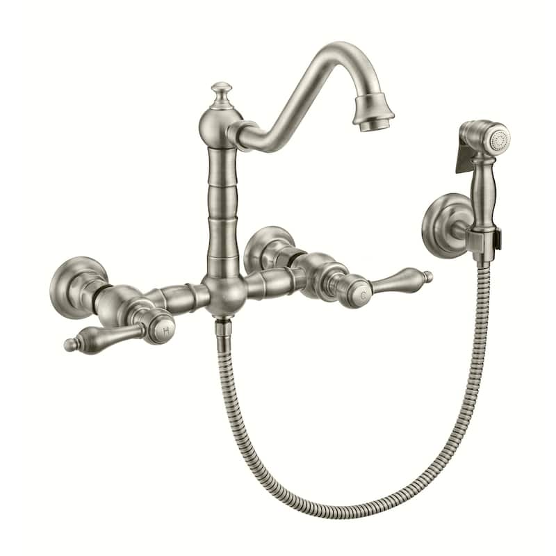 Vintage III Plus Wall Mount Faucet with a Long Traditional Swivel Spout, Lever Handles and Solid Side Spray - Brushed Nickel