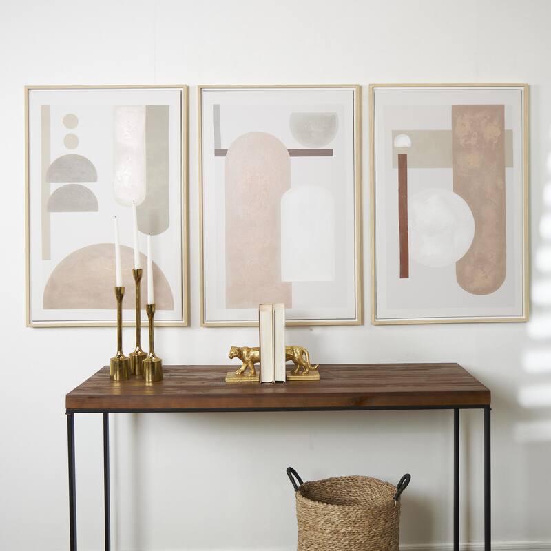 Canvas Geometric Mid Century Modern Geometric Framed Wall Art with Brown Accents - Set of 3 Pink - Roche River Decor