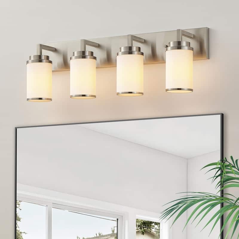 KAWOTI Frosted White Glasses Vanity Light with Metal Ring (Nickel) - 4-Light (W30")