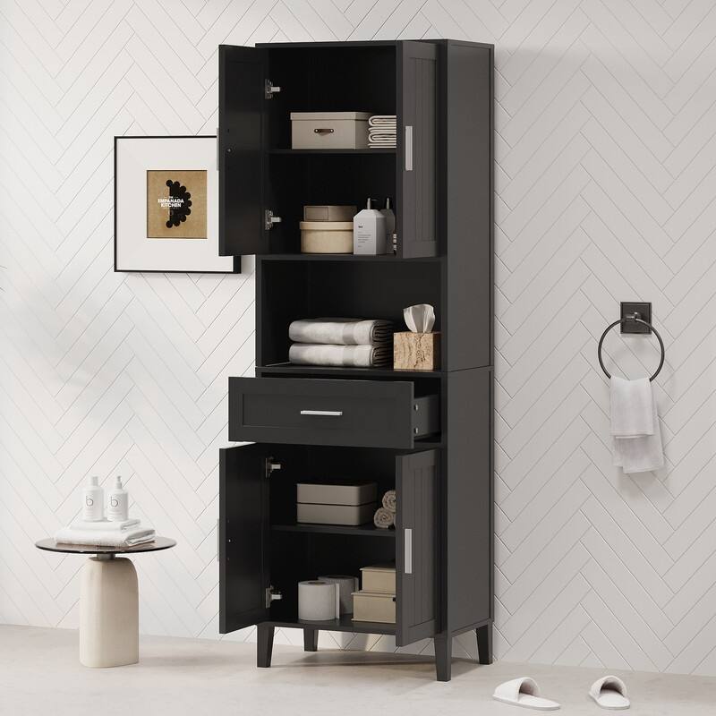 70.9" High Freestanding Tall Bathroom Cabinet with a Drawer, 2 Cabinets, 4 Soft-Close Doors, 2 Adjustable Shelves, Open Storage - Black