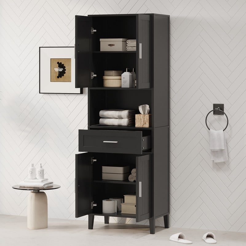 70.9" High Freestanding Tall Bathroom Cabinet with a Drawer, 2 Cabinets, 4 Soft-Close Doors, 2 Adjustable Shelves, Open Storage