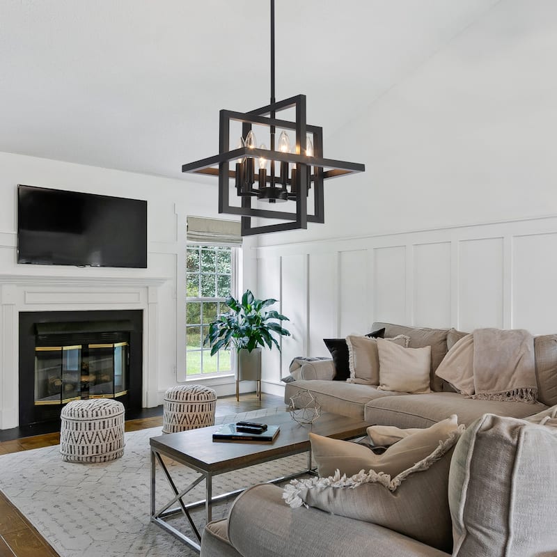 6 - Light Farmhouse Metal Cage Chandelier Rectangle Hanging Light