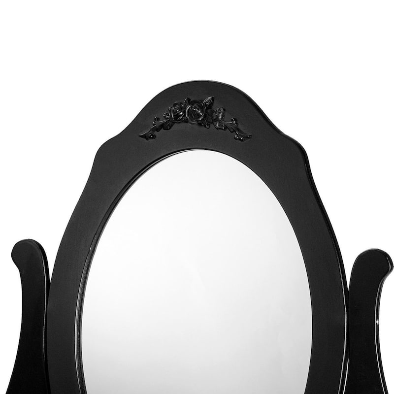 Wooden Vanity Set with 360-deg Rotating Oval Mirror and Cushioned Stool-Black - 31.3" x 15.7" x 55.9" (L x W x H)