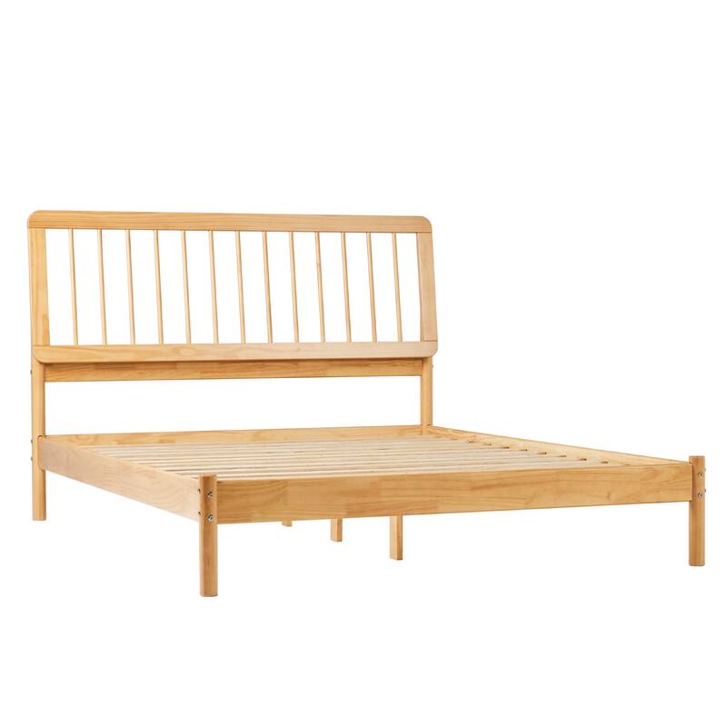 Queen Size Solid Pine Platform Bed with Center Support and No Box Spring Needed - Natural Wood