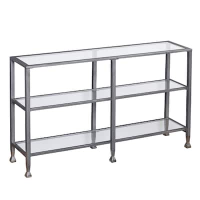 Clear Glass Silver Distressed Console Table with Shelves - 48.5" L x 12.7" W x 29.25" H