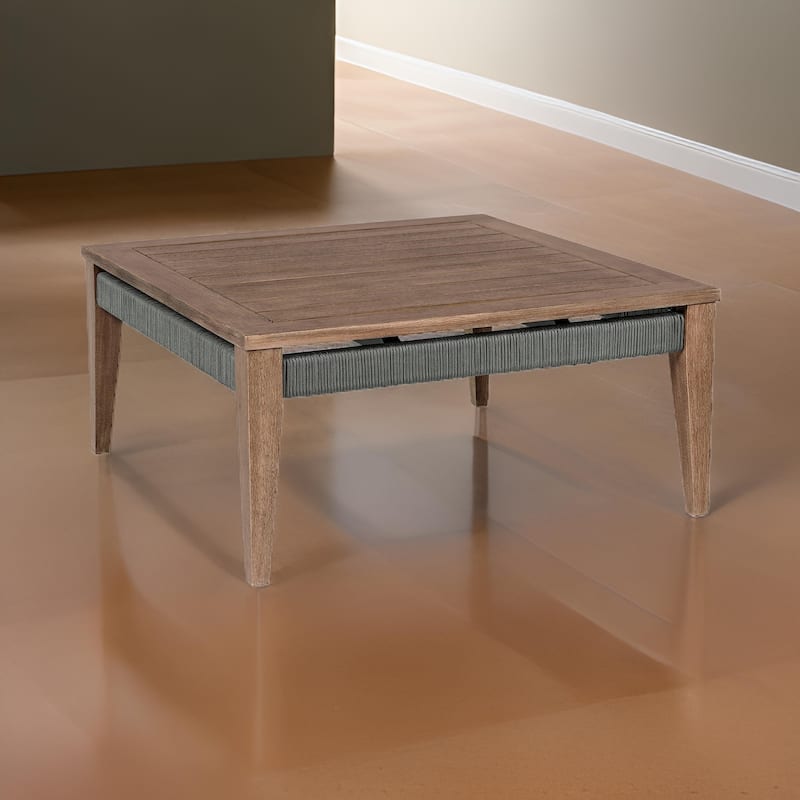 Kimi 36 Inch Outdoor Coffee Table, Brown Eucalyptus Wood, Woven Rope Apron