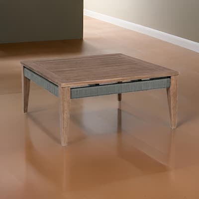 Kimi 36 Inch Outdoor Coffee Table, Brown Eucalyptus Wood, Woven Rope Apron