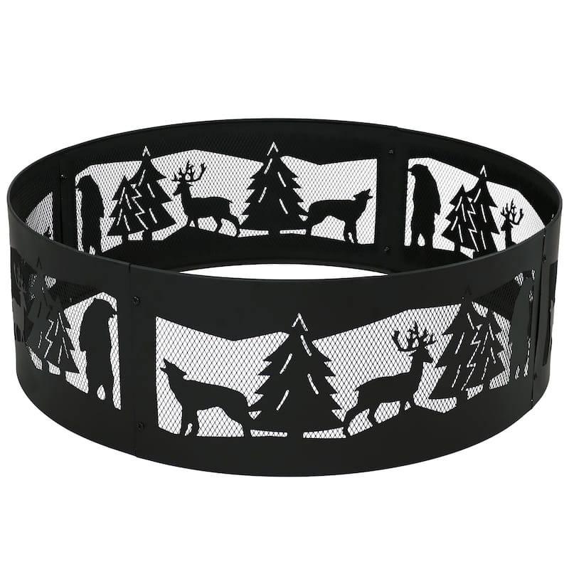 Forest Wilderness Black Steel Fire Pit Ring with Cutouts - 36"