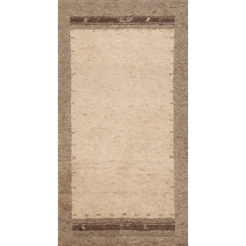 Hand Knotted Oriental 100% Wool Carpet Modern Bordered Beige & Ivories Gabbeh Area Rug - 4' 5'' X 2' 2''