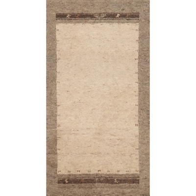 Hand Knotted Oriental 100% Wool Carpet Modern Bordered Beige & Ivories Gabbeh Area Rug - 4' 5'' X 2' 2''
