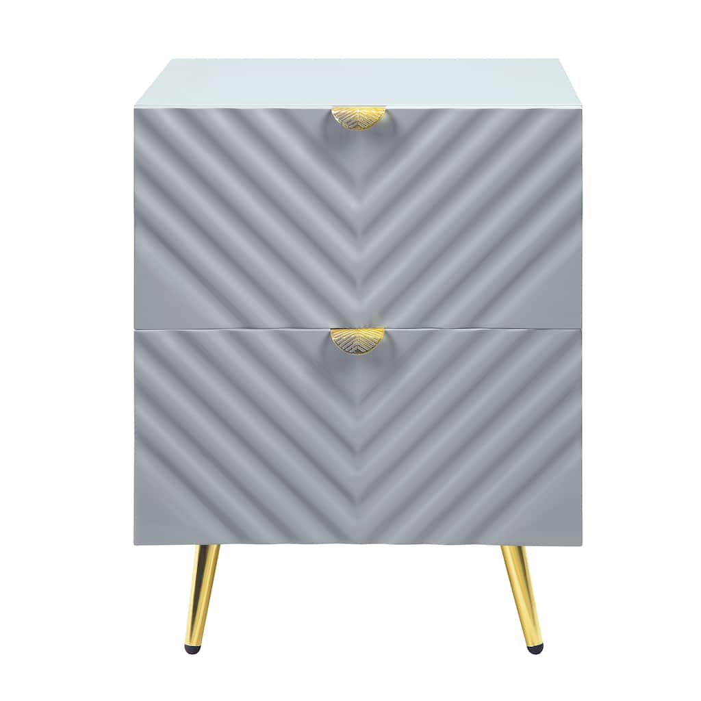 Gray High Gloss Finish Nightstand with 2 Storage Drawers and Metal Legs