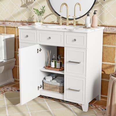 36" Bathroom Vanity with Ceramic Sink, White, Solid Wood Frame, Soft Close Doors, Adjustable Shelves, 3 Drawers