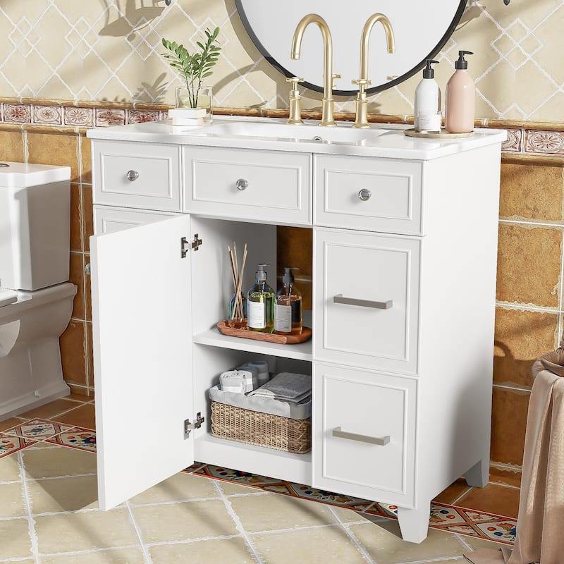 36" Wood Vanity with Ceramic Sink, Soft-Close Doors, Shelves, and Deep Drawers for Storage.