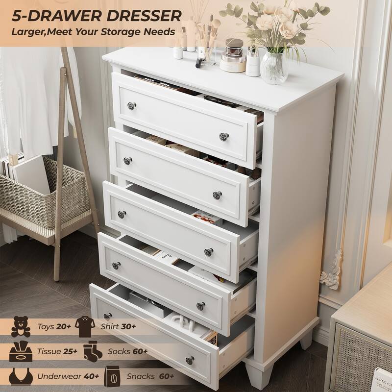 5-Drawer Dresser for Bedroom, 48" Tall Modern Wood Chest with Deep Drawers and Metal Handles