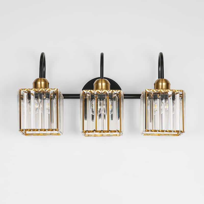 3/4-Light Mid-Century Modern Black and Gold Bathroom Vanity Light Cylinder Crystal Wall Sconces Lighting