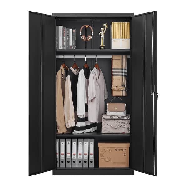 71" Metal Wardrobe Closet With Locking Doors - 2 Hanging Rods, 3 Adjustable Shelves, For Bedroom, Office, Garage