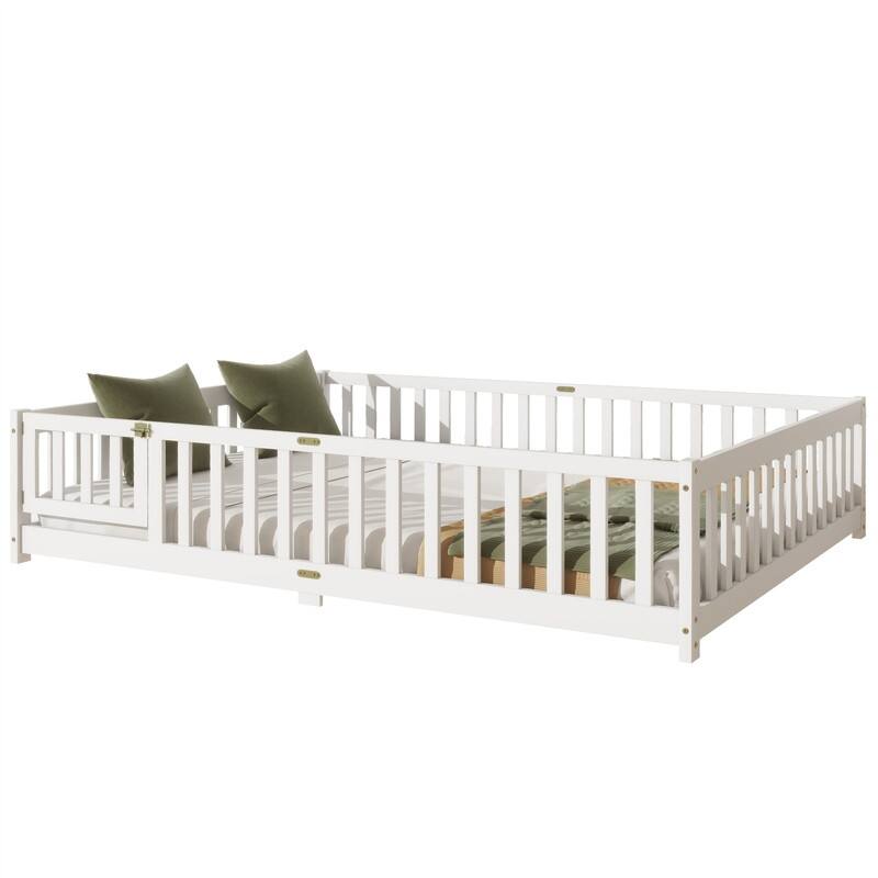Twin/Full/Queen Size Floor Bed with Fence Guardrails and Door, Rubber Wood Toddler Bed Montessori Bed with Slats Support