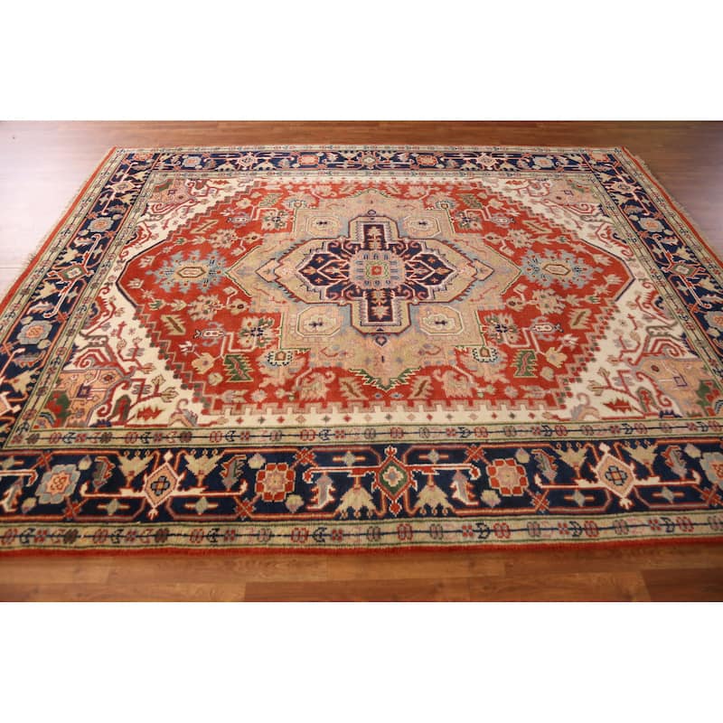 Medallion Heriz Serapi Indian Rug Hand-Knotted Oriental Wool Carpet - 7'11" x 9'9"
