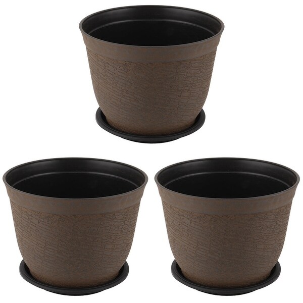 Balcony Plastic Round Flower Plant Cactus Pot Tray Holder Container Brown 3pcs