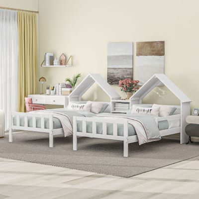 Double Twin Platform Bed with Rustic House-Shaped Headboard and Built-in Nightstand, Solid Pine Wood