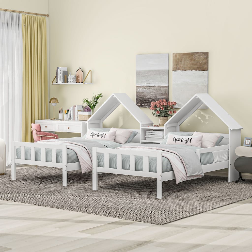 Double Twin Size Platform bed with House-shaped Headboard and a Built-in Nightstand, White