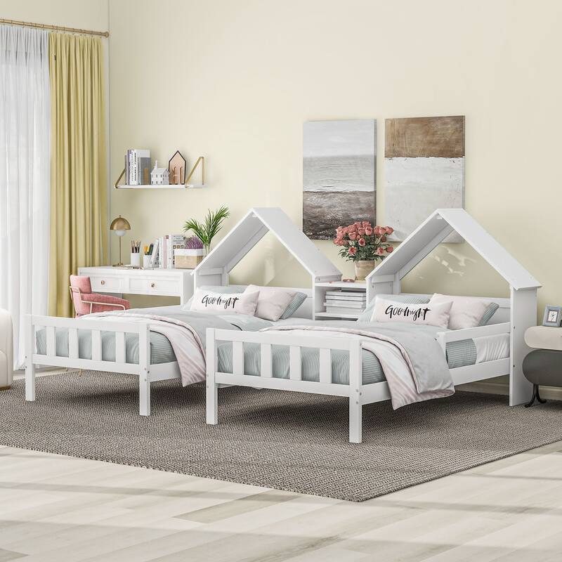Twin Platform Bed with House Headboard and Nightstand, Solid Wood Frame, White/Grey - White - Twin