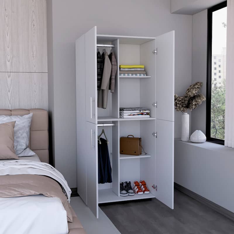 31.5" Modern Four-Door Armoire with Six Shelves and Two Hanging Rods for Bedroom