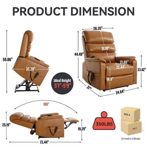 slide 2 of 19, Dual Motor Power Lift Recliner Chair with Power-Remote & Heat Massage, Electric Leather Adjustable Reclining Sofa Yellow Brown