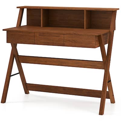 Vintage Brown Computer Desk with Drawers & Monitor Stand 44'' MDF Writing Table for Small Spaces