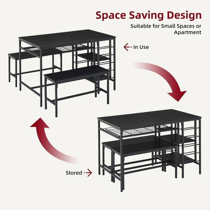 Dining Table Set with 2 Benches and Storage Shelf, Rectangular Table for Small Dining Area or Apartment