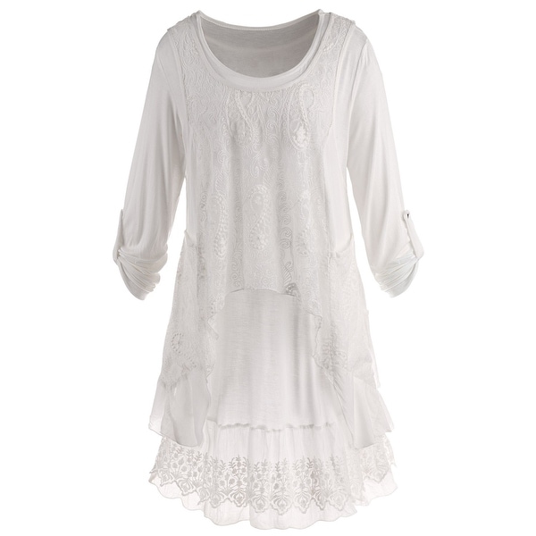 Women's Wispy White Tunic Set - Long Roll-Tab Sleeves Tunic Top & Lace Tank