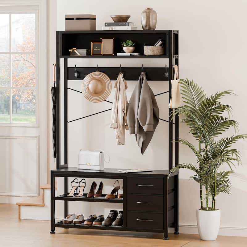 5-in-1Hall Tree Entryway Shoe Rack with 7 Hooks& 3 Drawers