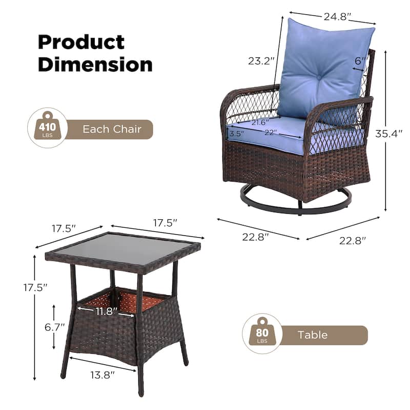 3-Piece Outdoor Rocking/Swivel Chair Set - PE Rattan Patio Furniture with Cushions & Coffee Table, Rocker Chairs for Backyard