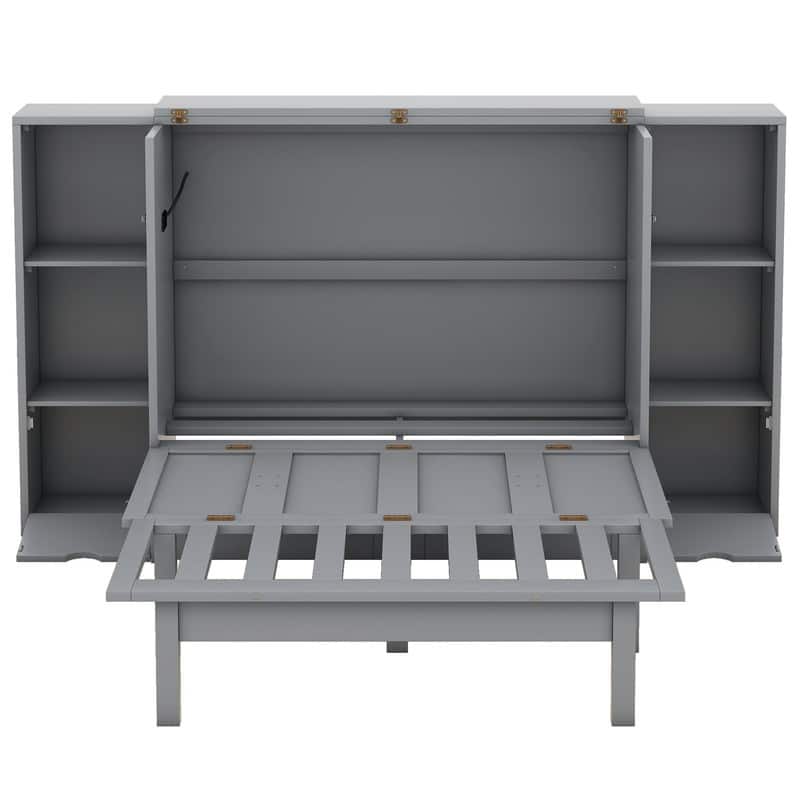 Queen Size Wood Murphy Bed with Shelves,Wall Bed with Drawers and USB Ports