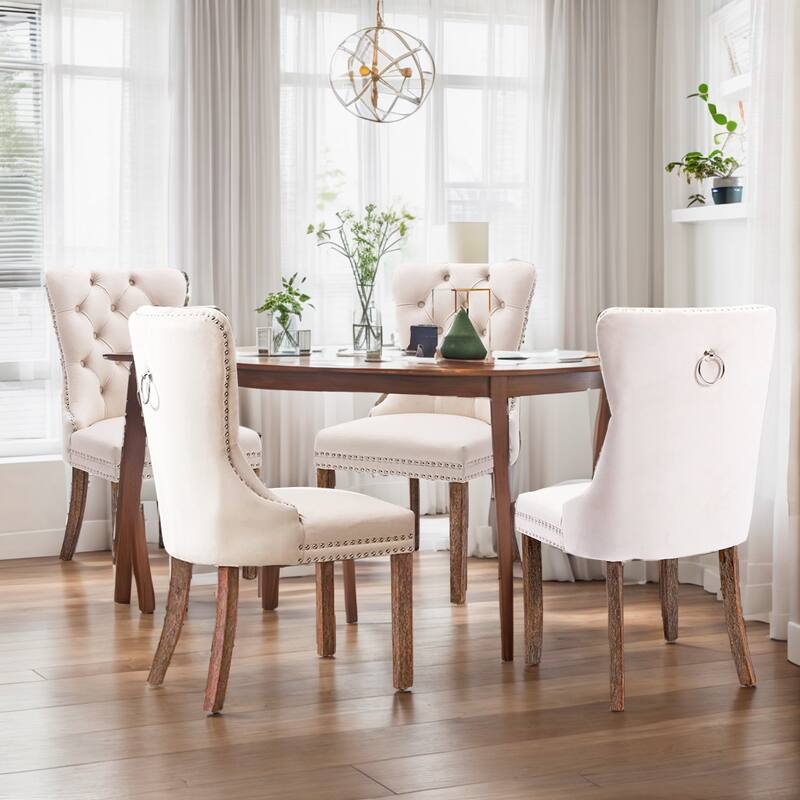 Velvet Dining Chairs Set of 2, Nikki Collection Dining Room Chairs with Wood Legs & Pull Ring, Luxury Side Chair