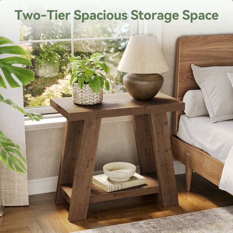 Solid Wood End Table, Small Side Table with 2-Tier Storage Shelf for Living Room, Easy Assembly