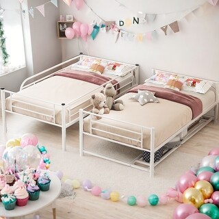 Twin Over Twin Metal Bunk Bed with Shelf and Guardrails,White
