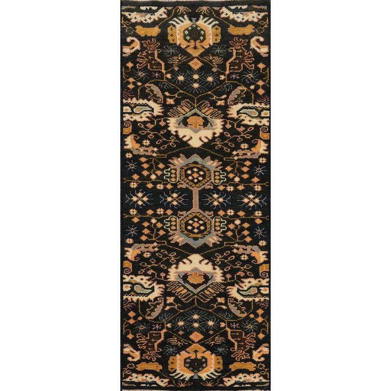Hand-knotted Transitional Wool Carpet Black Oushak Rug Oriental Carpet Floral Area Rug Oriental Carpet - 7' 11'' X 2' 6''