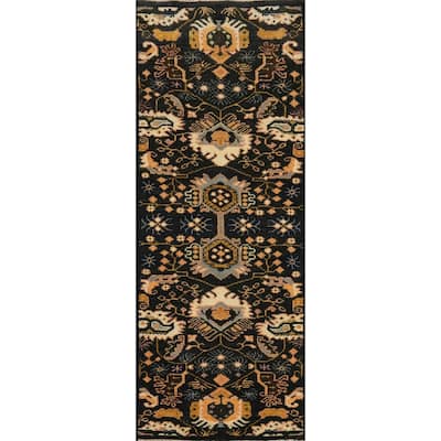 Hand-knotted Transitional Wool Carpet Black Oushak Rug Oriental Carpet Floral Area Rug Oriental Carpet - 7' 11'' X 2' 6''