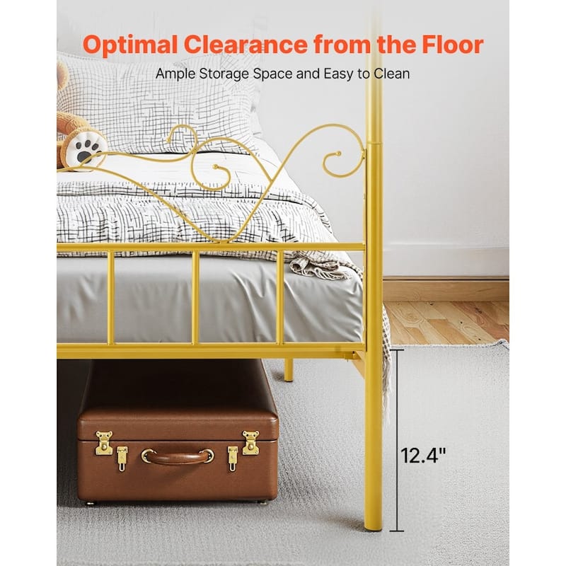 Gold Metal Queen Canopy Bed with Storage, Quiet Design and DIY Rails